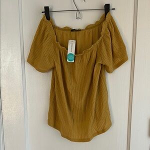 Norah flutter sleeve mustard yellow off-shoulder knit top